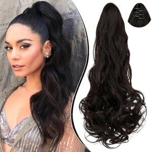 Ponytail Extension Claw 18" Curly Wavy Clip Dark Brown